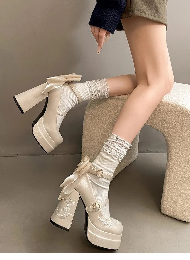 Pink Lolita High Heels Pumps Cute Bow Round Ankle Straps Chunky Platform Mary Jane Shoes Embroidered Heels