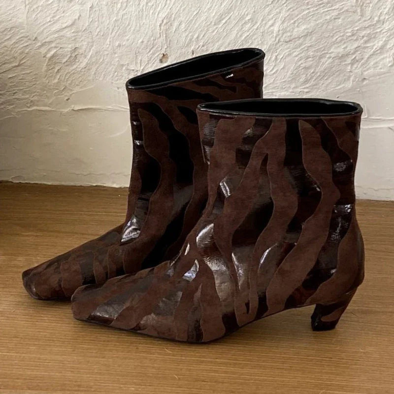 Novel Leopard Print Square Toe Ankle Boots Kitten Heel Boots Party Stripping Shoes Zapatos De Mujer
