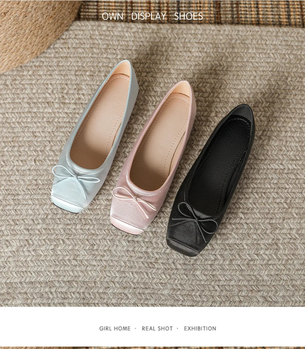 Deliate Bowtie Silk Ballerinas Woman Traf Pig Square Toe Flats Shallow Slip On Moccasins Femme Brides Wedding Shoes Pink Ballets
