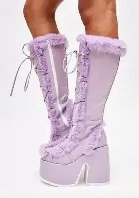 Snow Boots Platform Wedge High Heel Faux Fur Lady Shoes Plush Warm Non-slip Mid Calf Boots Goth Shoes