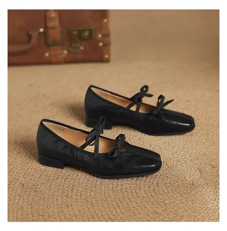 Mary Jane Shoes Ballet Bow Square Toe Mid Heels Nude Shoes Casual Elegant Shallow Pumps