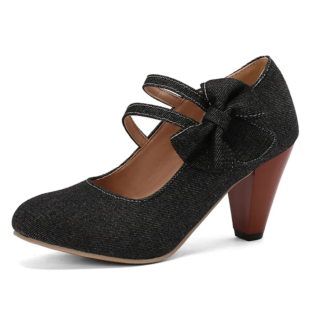 Plus Size 48 Brand Round Toe Chunky Heel Pumps Elegant Bow Buckle Solid Party Shoes