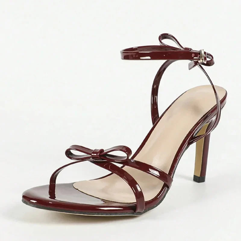 Red Patent Leather Bowknot Narrow Band Open Toe Buckle Strap Plus Size-43 Shoes High Heels Pumps