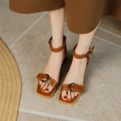 Shoes Square Toe Chunky Heel Cow Leather High Heels Solid Band Shoes Casual Black Shoes