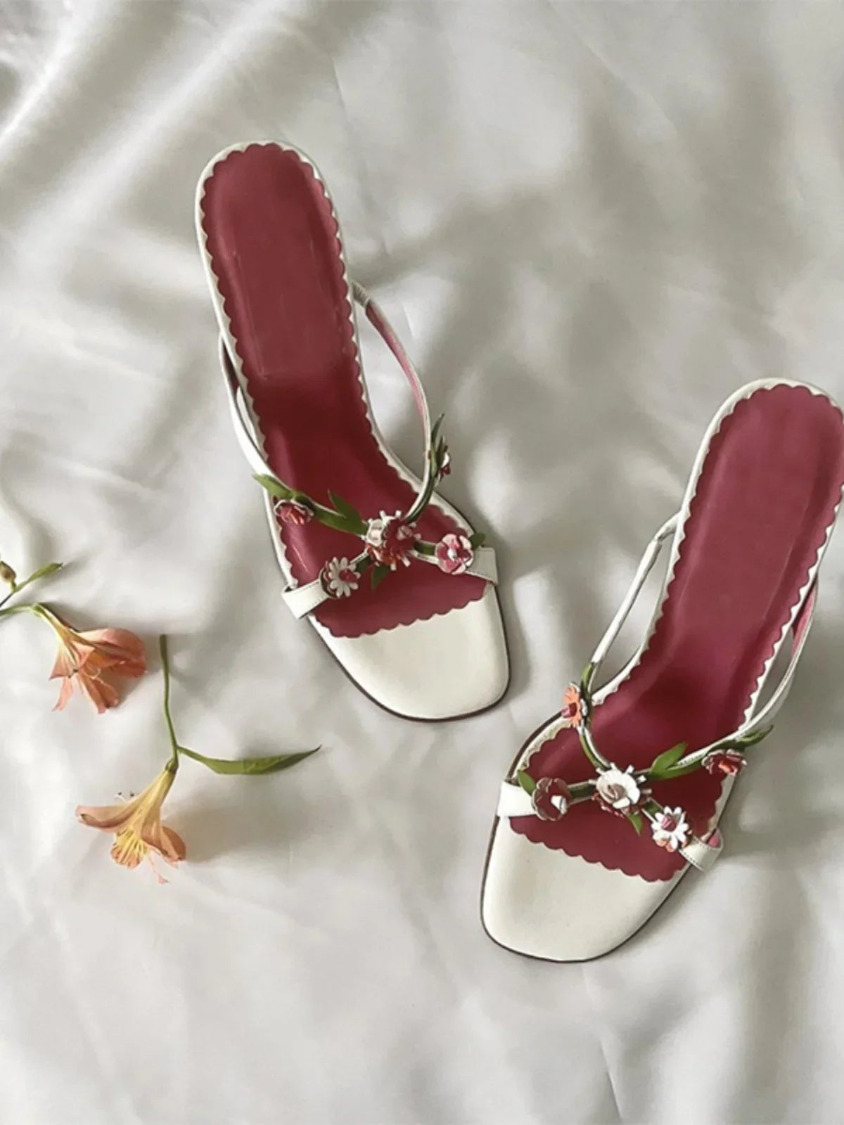 Handmade Flower High Heels Vintage 2000s Sweet Slide Strapless Sandal Heels On Off Shoes Shoes