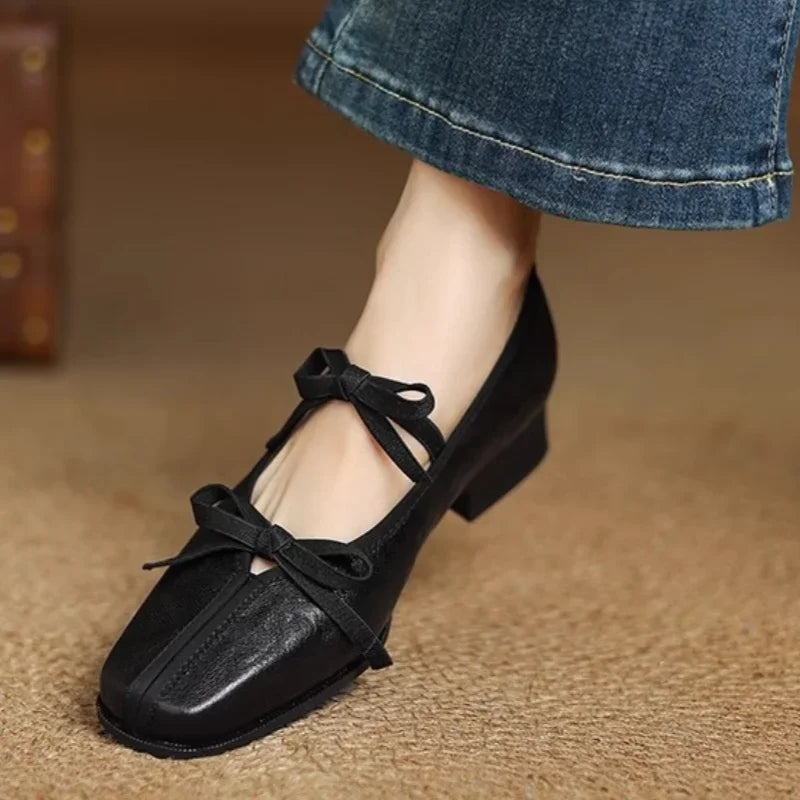 Mary Jane Shoes Ballet Bow Square Toe Mid Heels Nude Shoes Casual Elegant Shallow Pumps