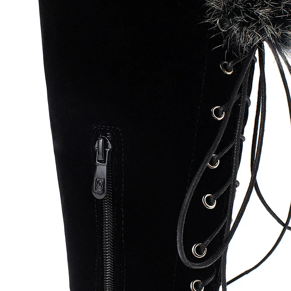 Lace-up Shoes Snow Boots Real Fur Boots Knee High Suede Thick Heel Warm Outdoor with Zip Big Size 43