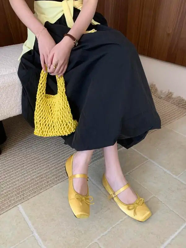 Woman Shallow Mouth Grandma Soft Bow-Knot Square Toe Elegant Ballet Dress Butterfly