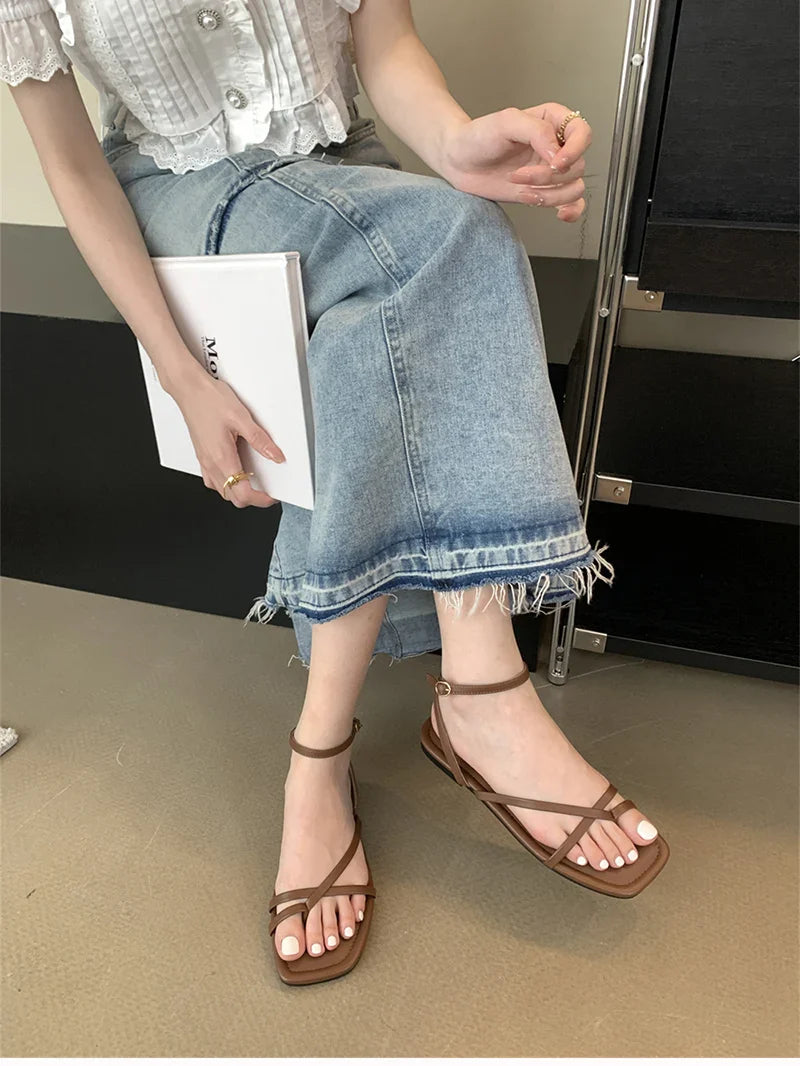 Gladiator Elegant Narrow Band Clip Toe Shoes Comfort Flats Beach Sandalias