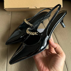 Elegant Black Patent Leather Heels Metal Chain Slingback Shoes Comfort Pointed Toe Kitten Heel Office Shoe