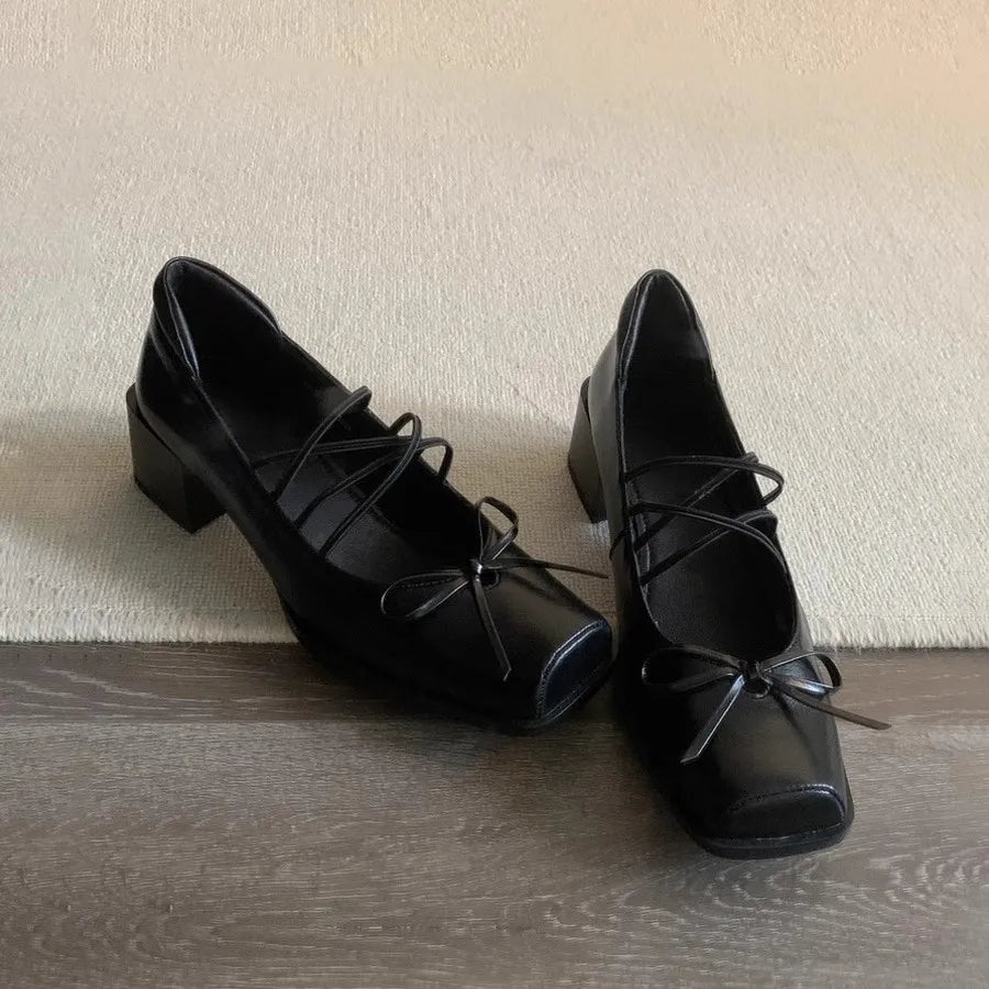 Genuine Leather Bow Decorated Flat Shoes with Cross Straps Thick Heels Mary Jane Shoes Shallow Mouth Comfortable Loafers