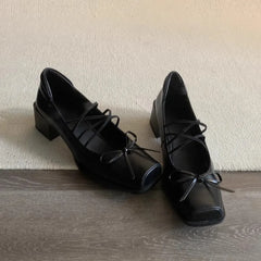 Genuine Leather Bow Decorated Flat Shoes with Cross Straps Thick Heels Mary Jane Shoes Shallow Mouth Comfortable Loafers