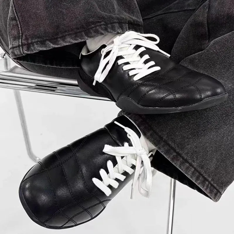 Black Casual football Style Sneakers Flats Chic Shoelaces Comfy Walking Shoes Woman Trainers High Quality