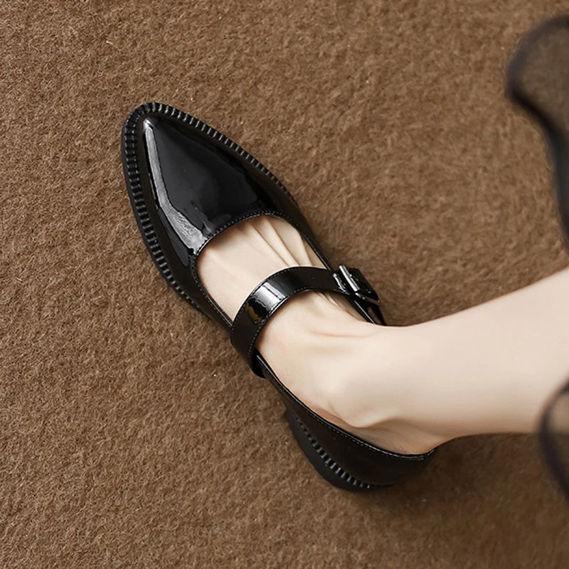 Patent Leather Buckle Strap Oxfords Woman Pointed Toe Shoes Low Heel Flats Mary Janes Lolita Derby Loafers Femme Sneakers