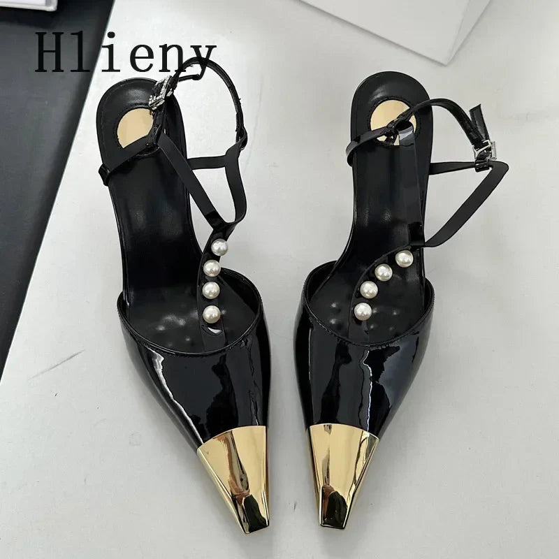 Metal Pointed Toe Stiletto Sandal Pearls Strap Buckle High Heels Party Prom Shoes