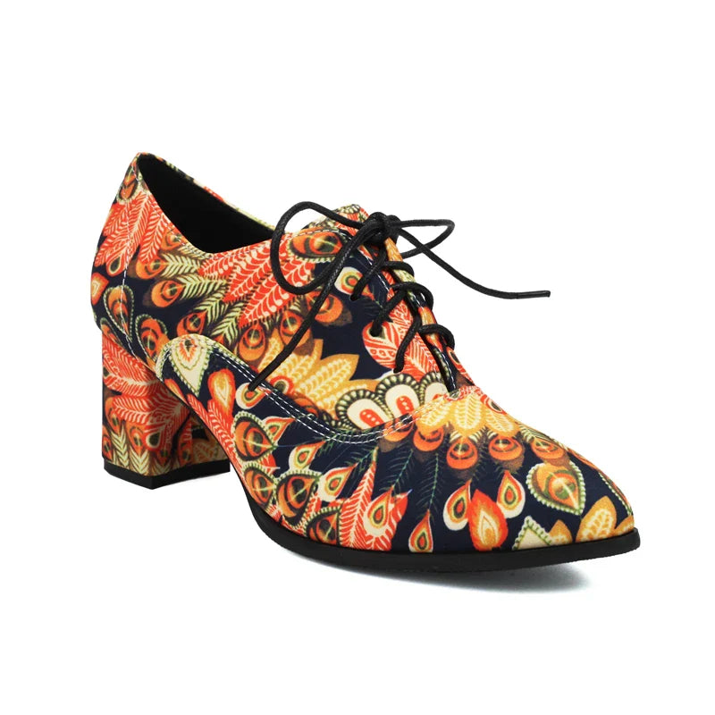 Bohemian Style Printed Fabric Lace Up High Heeled Shoess Round Toe Cross Tied Pumps Casual Oxfords 35-48