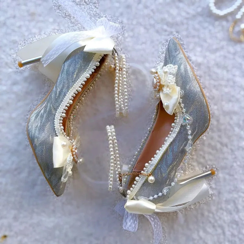 Original Handmade Lolita Shoes Flower Wedding Gorgeous High Heels Loli Sparkling Pearl Bow Princess Pumps Wedding Shoes Bride