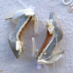 Original Handmade Lolita Shoes Flower Wedding Gorgeous High Heels Loli Sparkling Pearl Bow Princess Pumps Wedding Shoes Bride