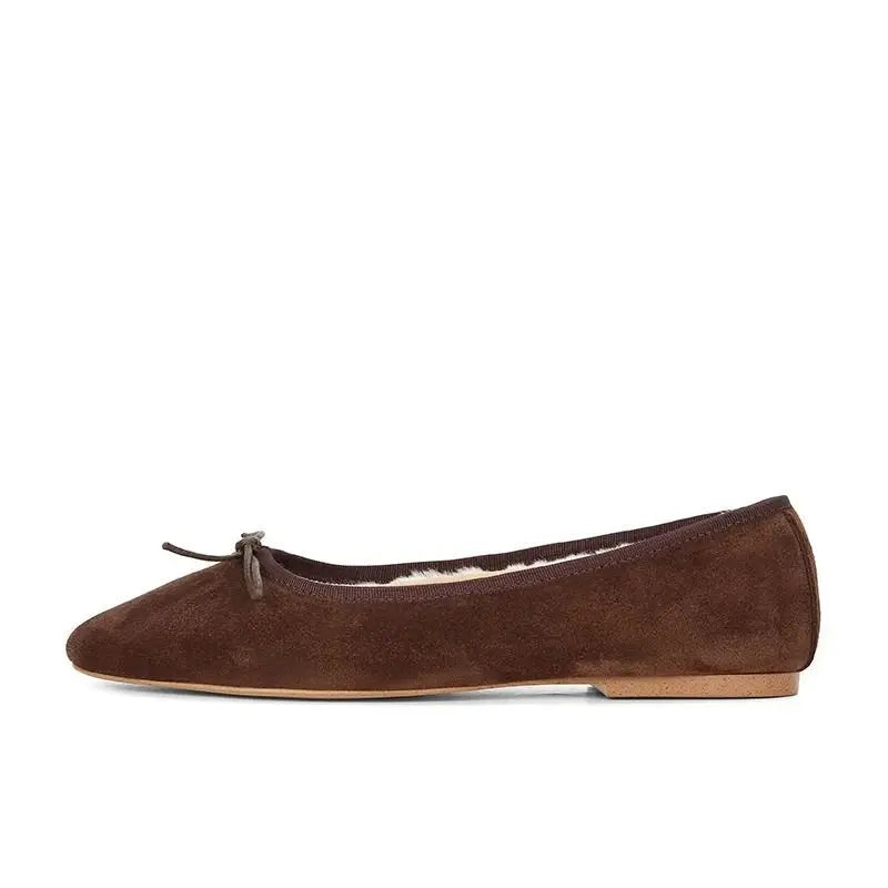 square toe suede leather fur flats elegant bowtie ballerina shoes warm plush mocasines slip on furry loafers