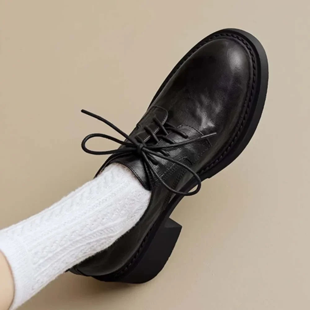 Womens Cowhide Lace Up Flat Shoes Oxford Round Toe Retro British High-Quality Soft Comfortable All Season Daily Shoes