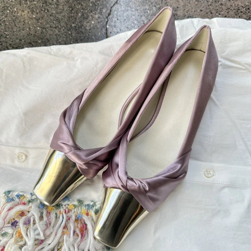 Metal Square Head Pumps Satin Flat Shoes Party Purple Comfy Casual FashionMueller Shoes