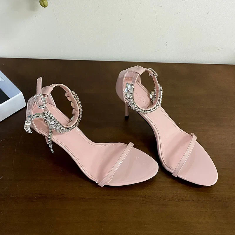 Rhinestones Heels Sandals Shoes Round Toe Ankle Strap Footwear Party High Heels