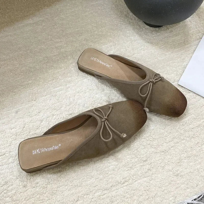 Mixed Color Bow Satin Square Toe Flat Slippers Comfortable Casual Shallow Elegant Mule Shoes Zapatillas De Mujer