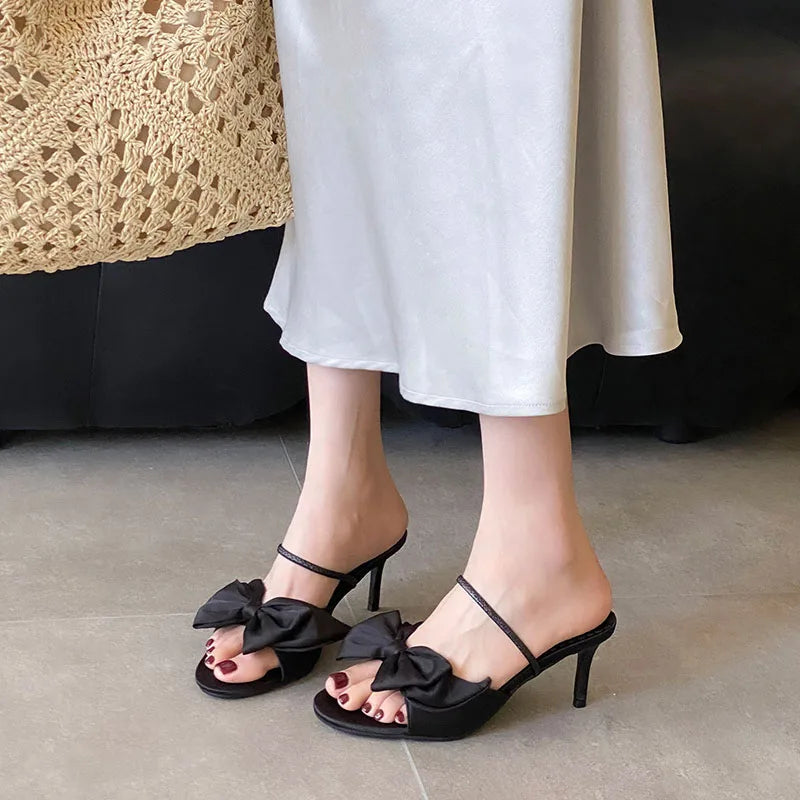 Butterfly-Knot Thin Heels Sandals Shoes Round Toe Footwear Elegant Heeled Sandals Slides Shoes
