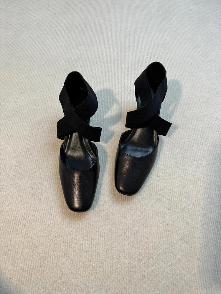 Women'sShoes Square Toe Thick Middle Heel Cross Elastic Cowhide Color Office Shallow Single Shoes