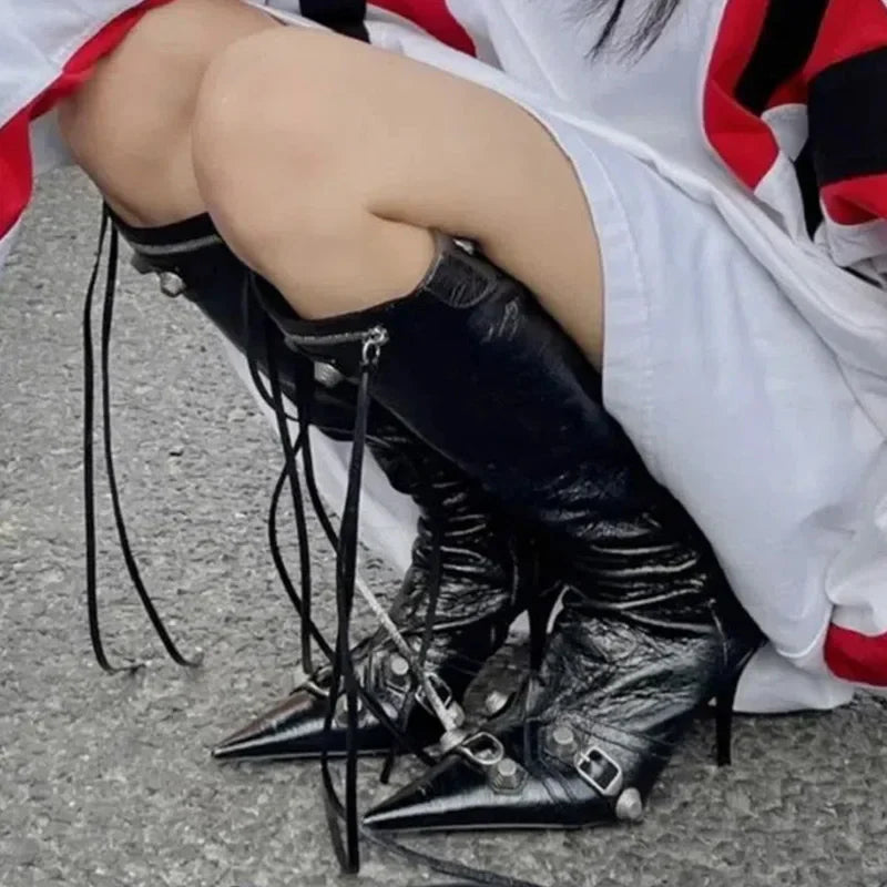 Chelsea Boots Pointed Toe High Heels Shoes Stilettos Knee High Boots Pumps Motorcycle Botas