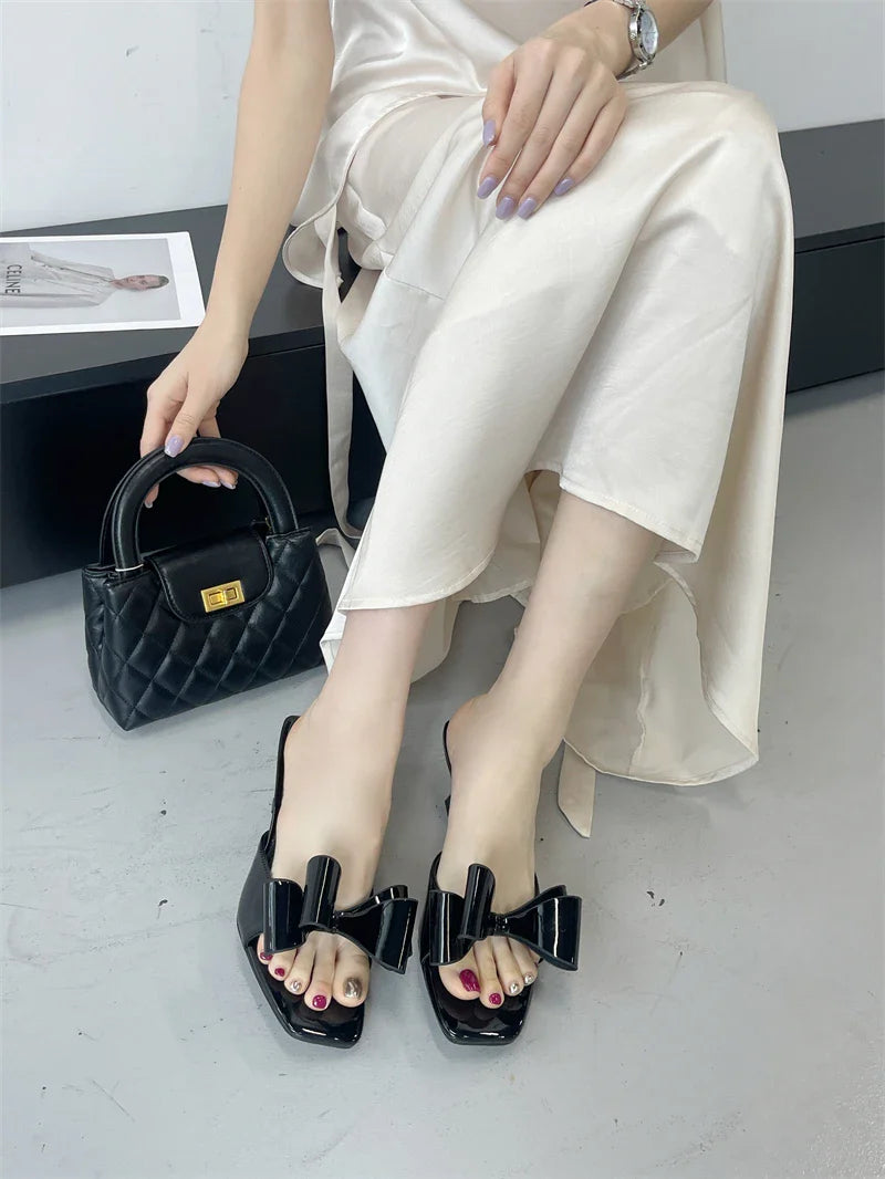 Patent Leather Butterfly Knot Slippers Square Toe Low Thin Heels Mules Slides Shoes Size 39