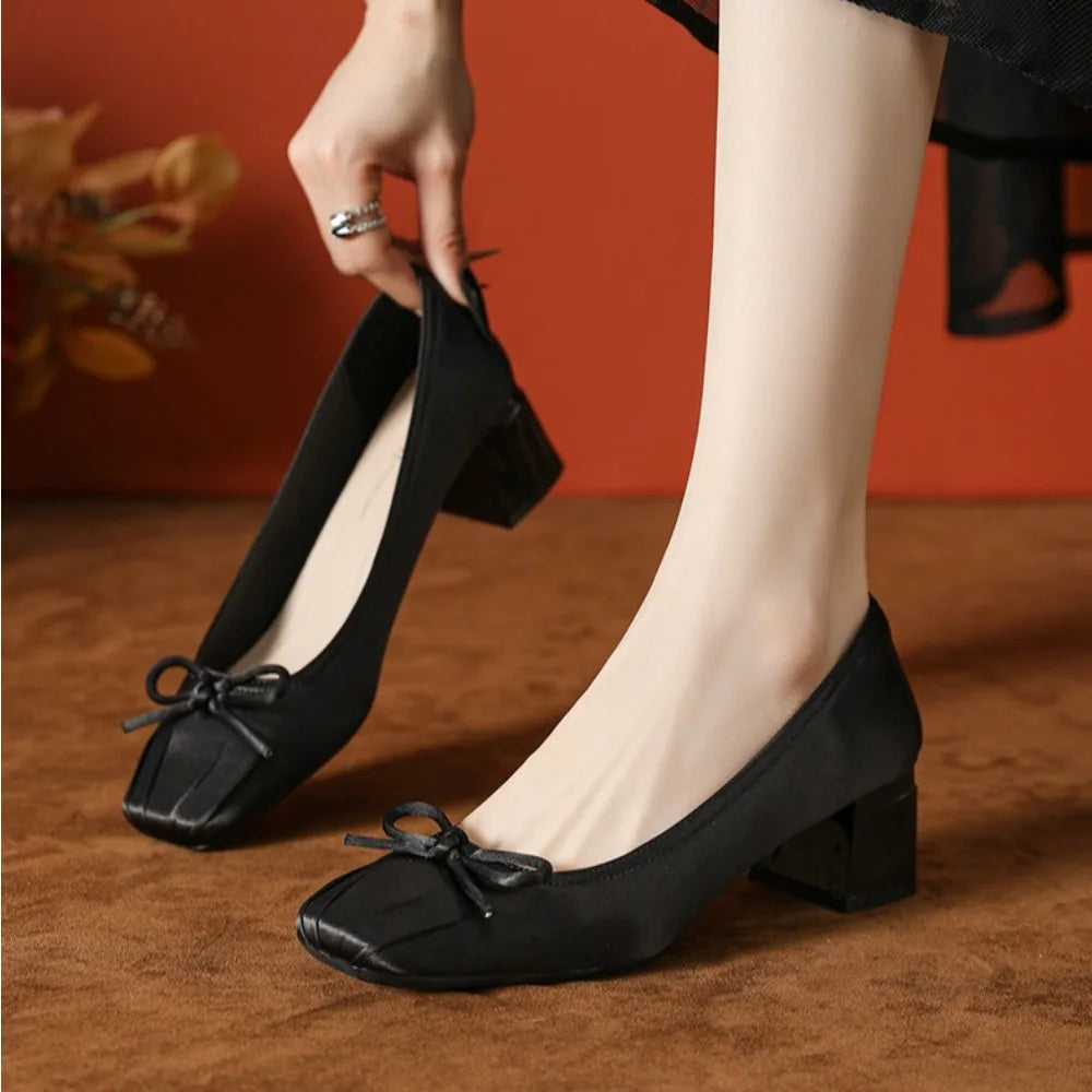 Pumps Butterfly Satin Ballet Shoes Square Head Shallow Mouth Pumps High Heels Thick Heel Not Tired Feet