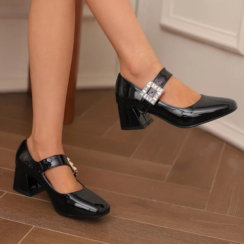 Plus Size 48 Patent Leather Mary Jane Shoes Sparkly Crystal Rhinestone Burgundy White Block Heel Pumps Party Shoe