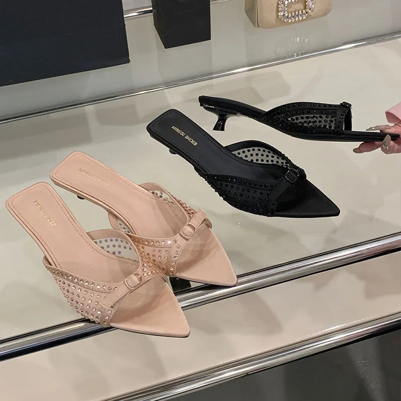 Pointed Toe Footwear Heeled Slippers Slides Shoes Rhinestones Low Heel Sandals Shoes