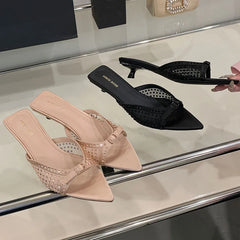 Pointed Toe Footwear Heeled Slippers Slides Shoes Rhinestones Low Heel Sandals Shoes