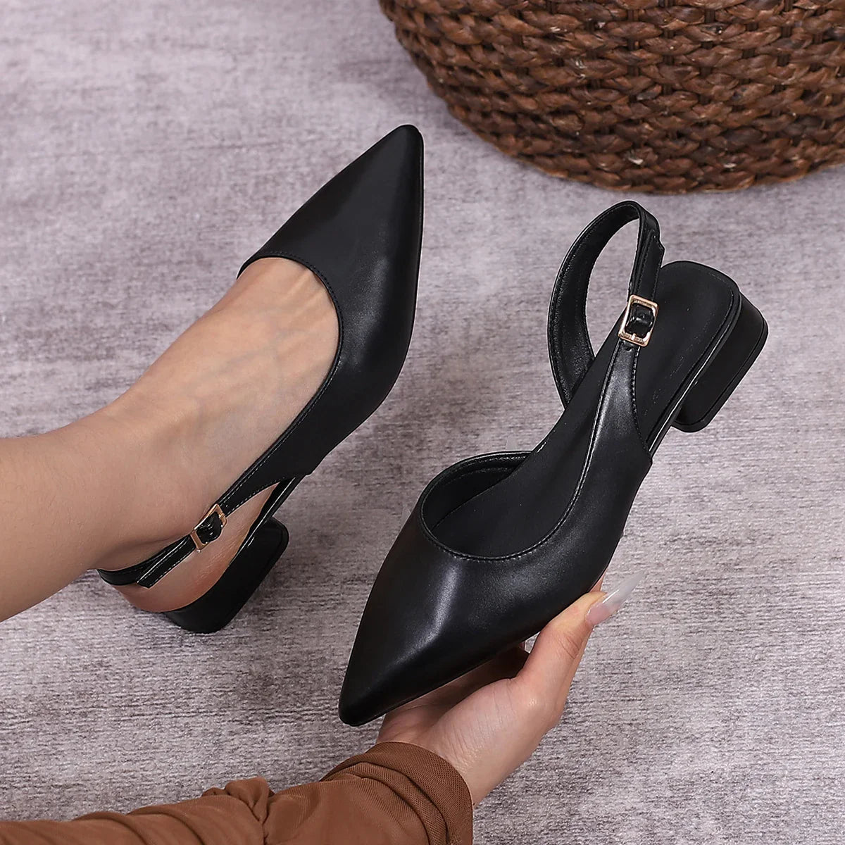 Brand Slingback Shoes Pointed Toe Shallow Slip On Mules Shoes Flat Heel Casual Lady Vacation Slide