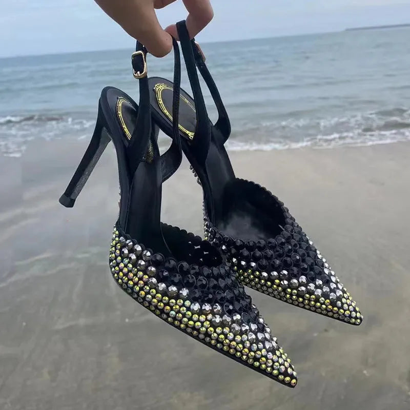 Rhinestones Gradient Slingbacks Bling Crystal Banquet Stiletto High Heels Party Prom Shoes
