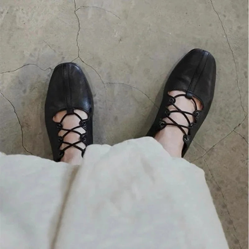 Ballet Shallow Flat Shoes Soft Commuting Retro Cross-laced Flat Mary Jane Shoes