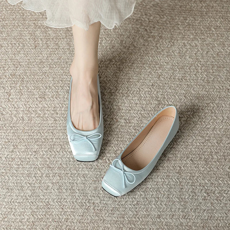 Deliate Bowtie Silk Ballerinas Woman Traf Pig Square Toe Flats Shallow Slip On Moccasins Femme Brides Wedding Shoes Pink Ballets