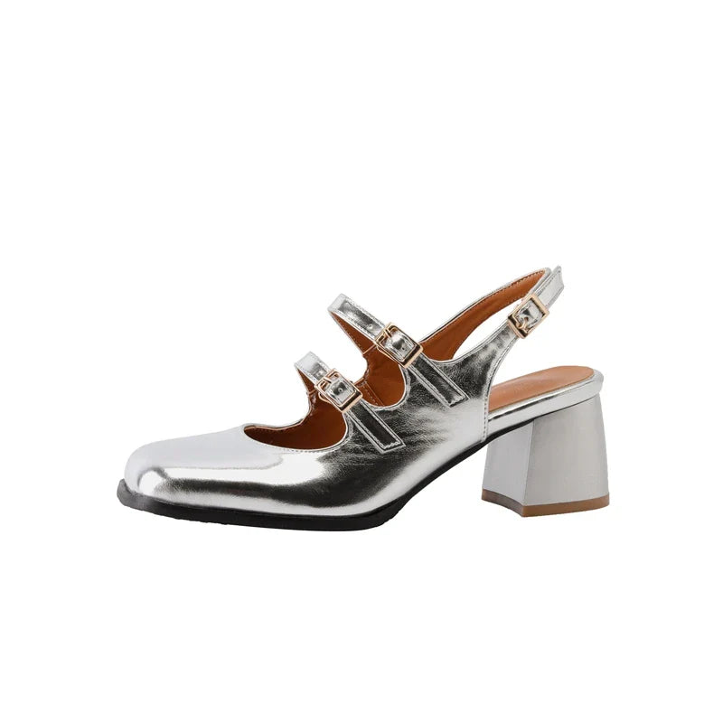 Plus Size 44 45 46 Black Silver Chunky High Heels Mary Jane Shoes Square Toe Double Buckle Pumps Slingback Sandals