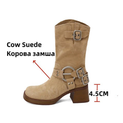 Cow Suede Leather Mid-calf Boots Thick High Heels Warm High Boots Motorcycle Boots Shoes