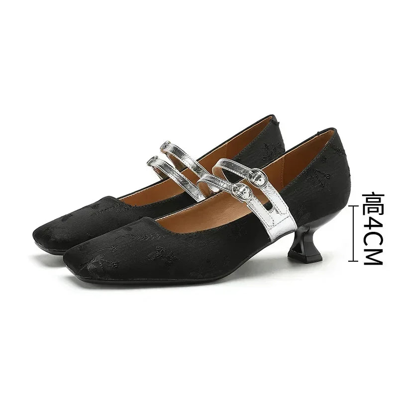 High Heels Silk Square Toe Elegant Comfort Belt Buckle Low Heel Shoes