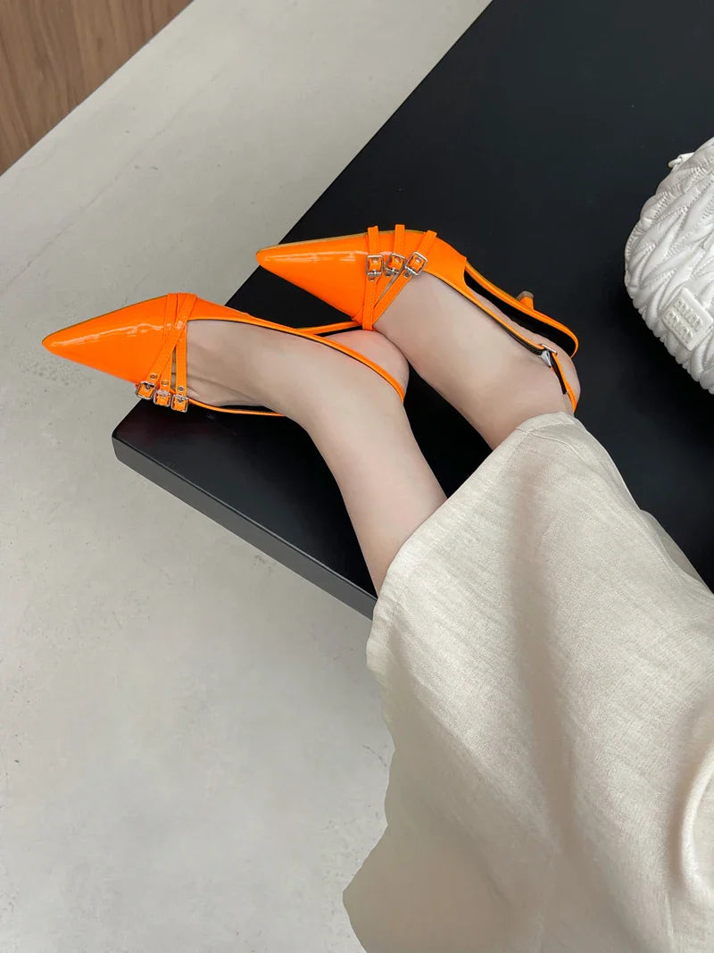 Orange Ladie Pumps Pink High Heels Pointed Toe Slingback Shoes Belt Buckle Low Heel Office Shoes Blue