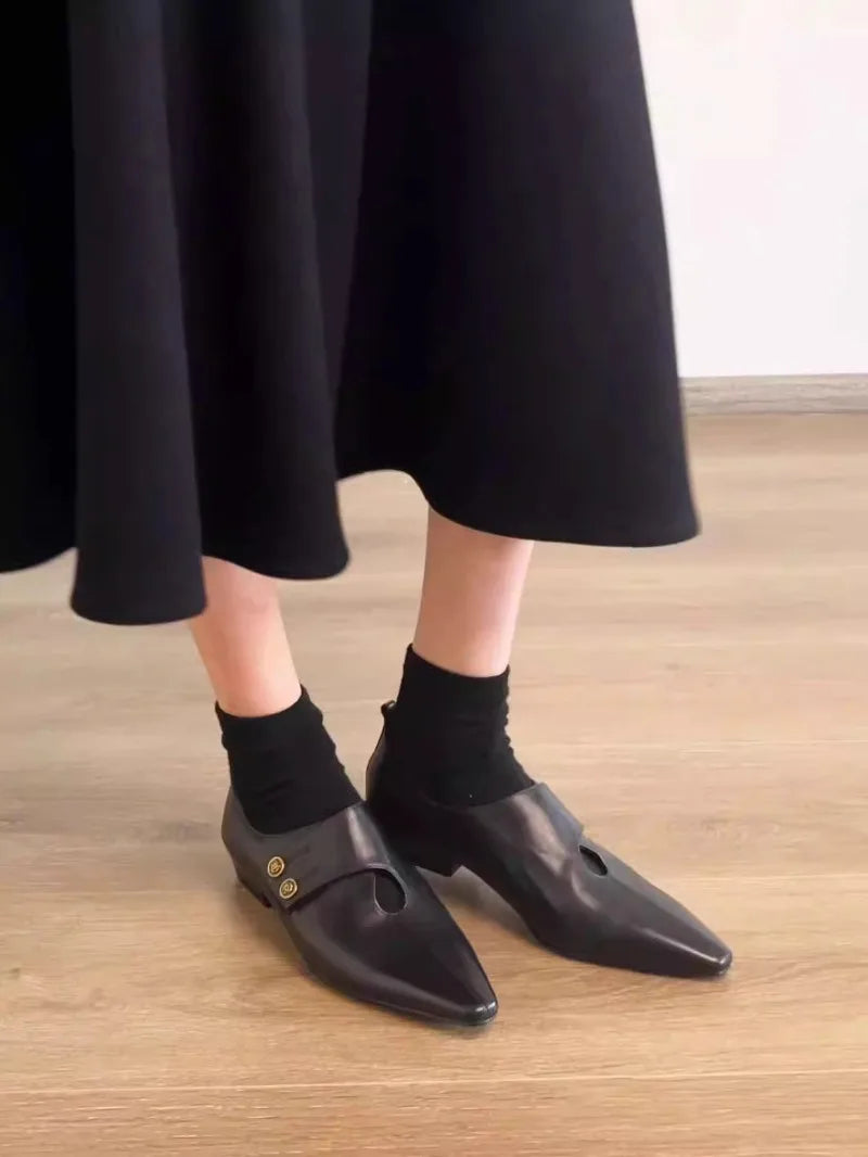 Low Heel Loafers Retro Pointed Toe British Style Small Leather Shoes Elegant Brand Mary Jane Shoes