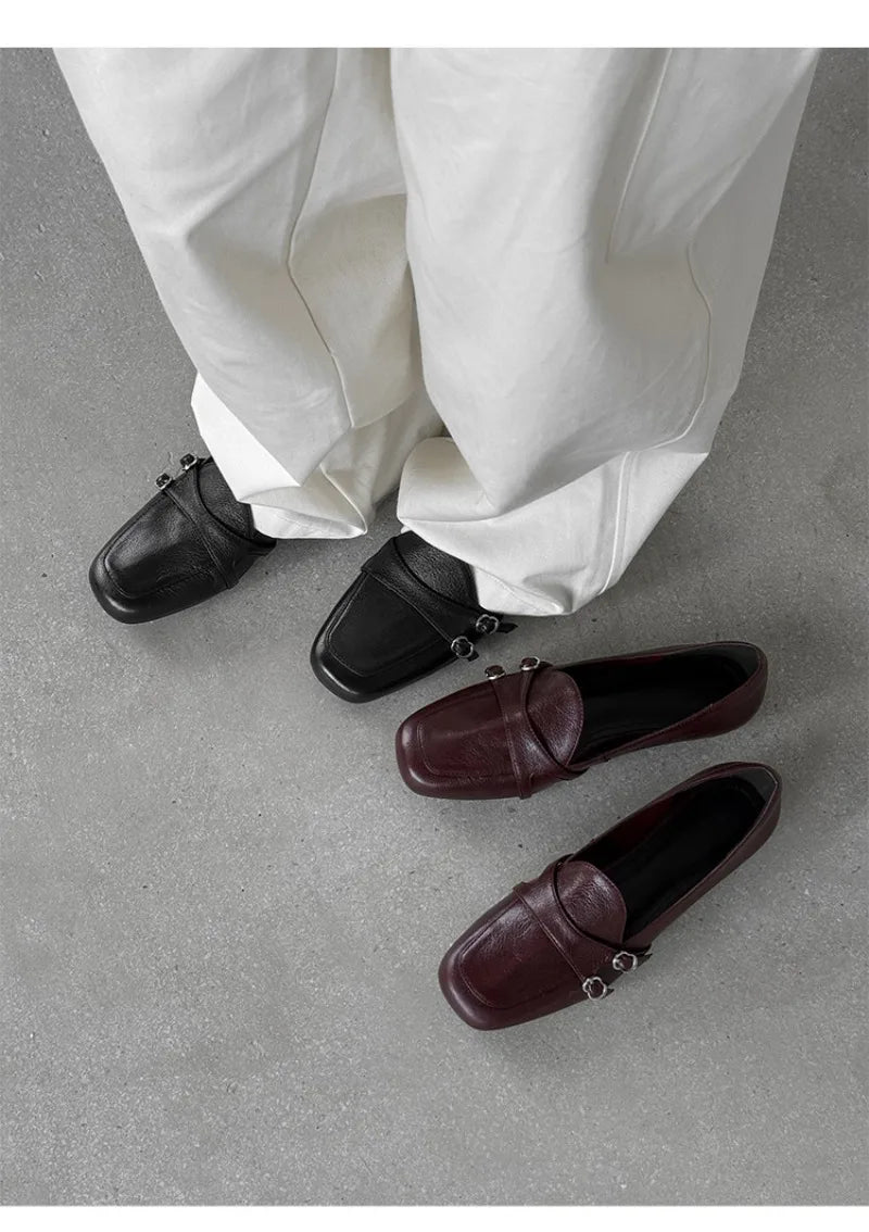 Elegant Burgundy Square Toe Loafers Metal Buckle Stitching Shoes Comfortable Commuting Flat Office Shoes
