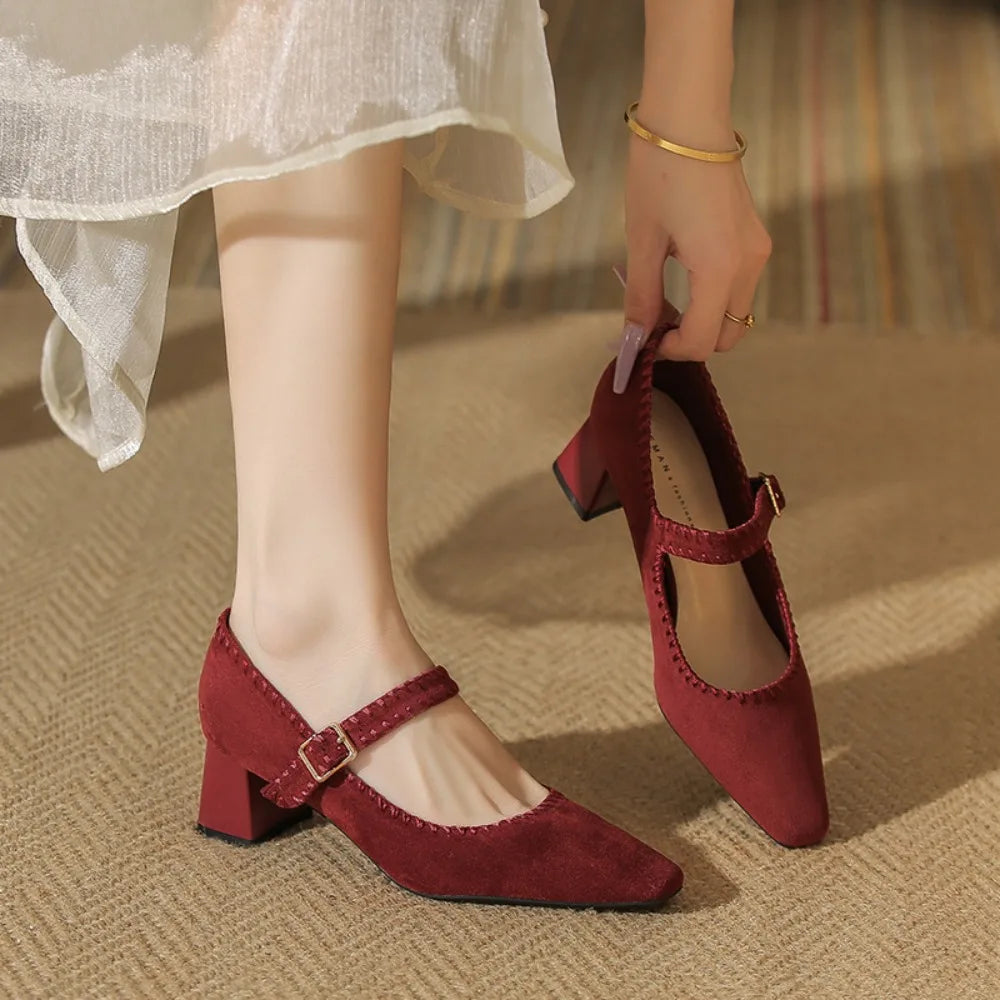 High Heeled One-word Buckle with Light Mouth Pumpss Thick Heel Small Square Head Mary Jane Shoes