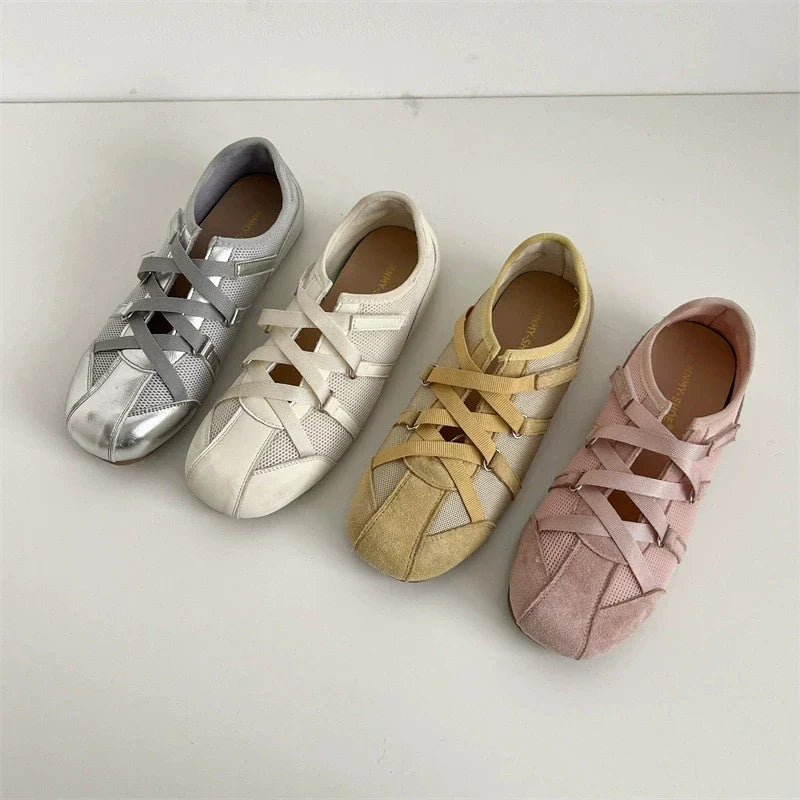 Mary Jane Cross Strap Flats Shoes Elegant Round Toe Comfort Soft Sole Ballerinas Shoes