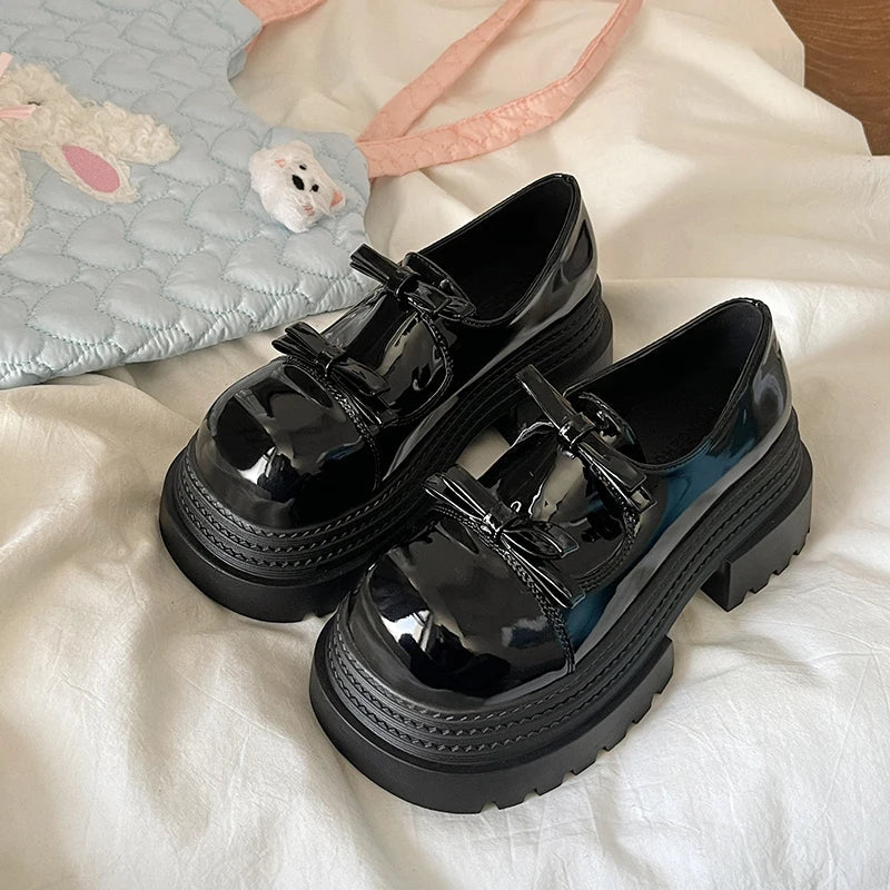 Womens Loafers Shoes Slip-on Bow-Knot Clogs Platform Black Flats Oxfords Slip On On Heels Butterfly Creepers Leather