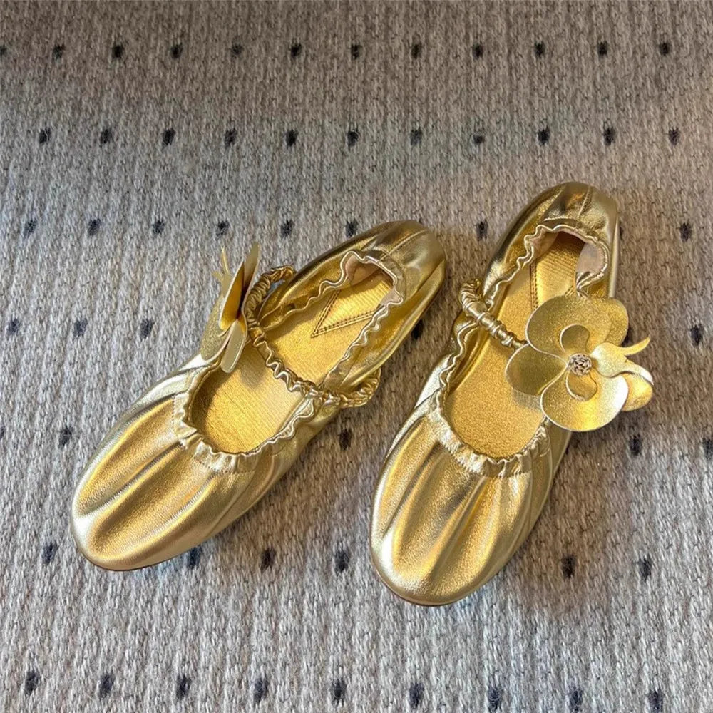 Round Toe Flower Sandals Flat Mary Janes Elastic Band Casual Ballet Shoes Slip On Wrinkles Elegant