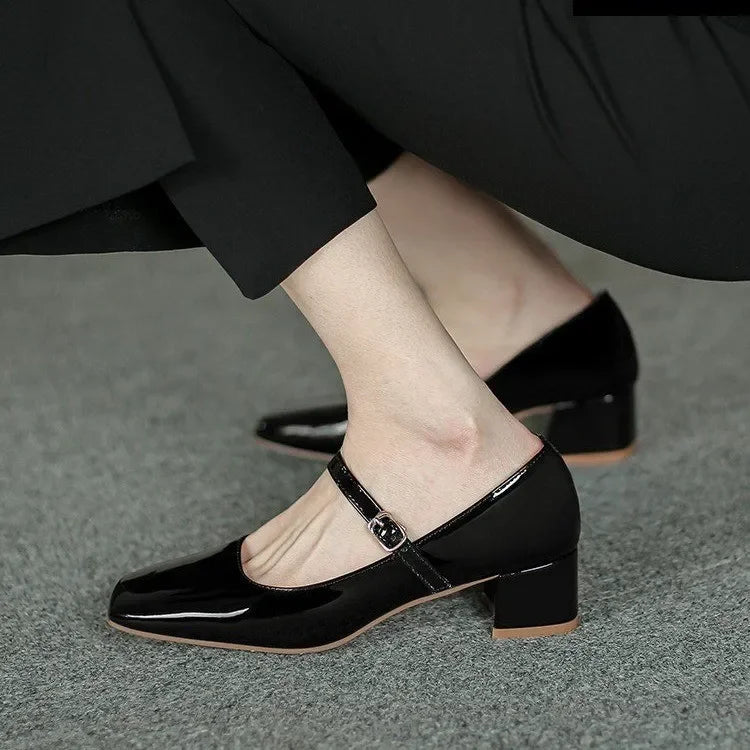 Buckle Mary Janes Shoes Patent Leather High Heels Pumps Retro Shoe Black Red